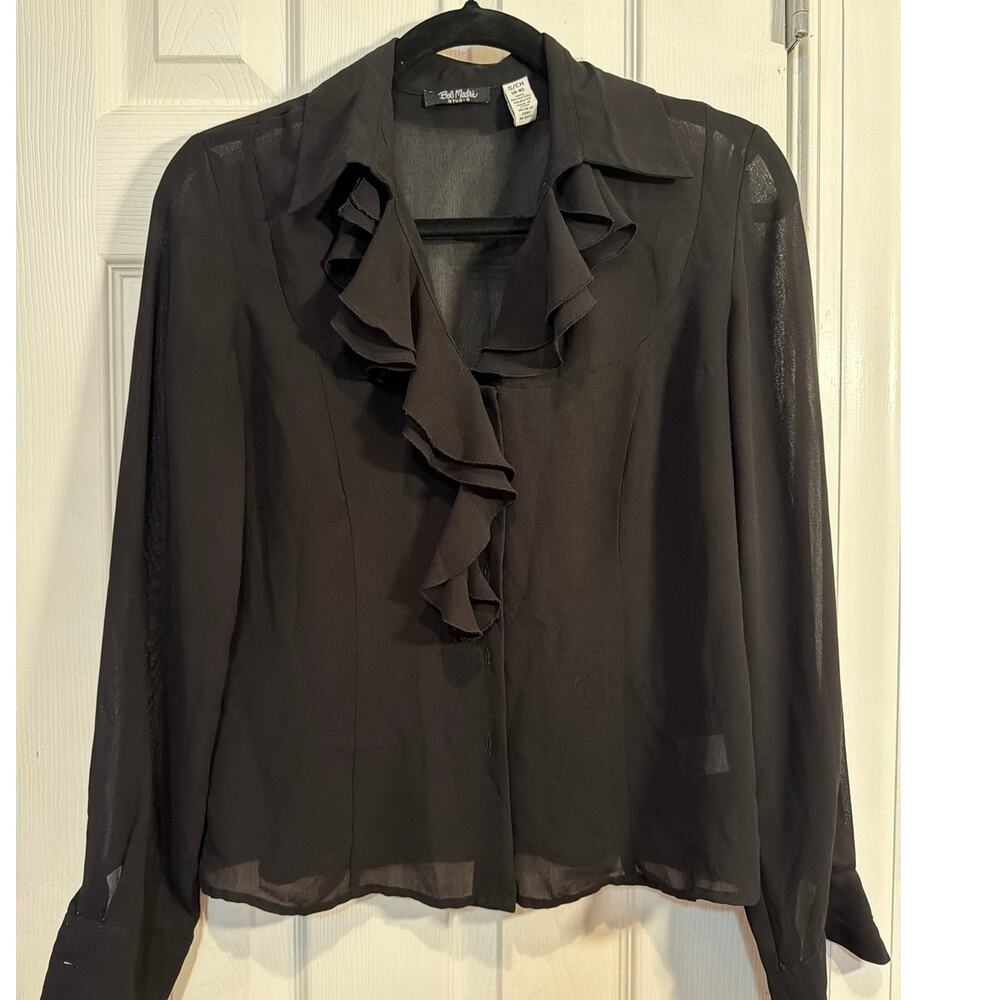 Bob Mackie Studio Black Sheer Ruffle Front Button Blouse Size S Long Sleeve Goth